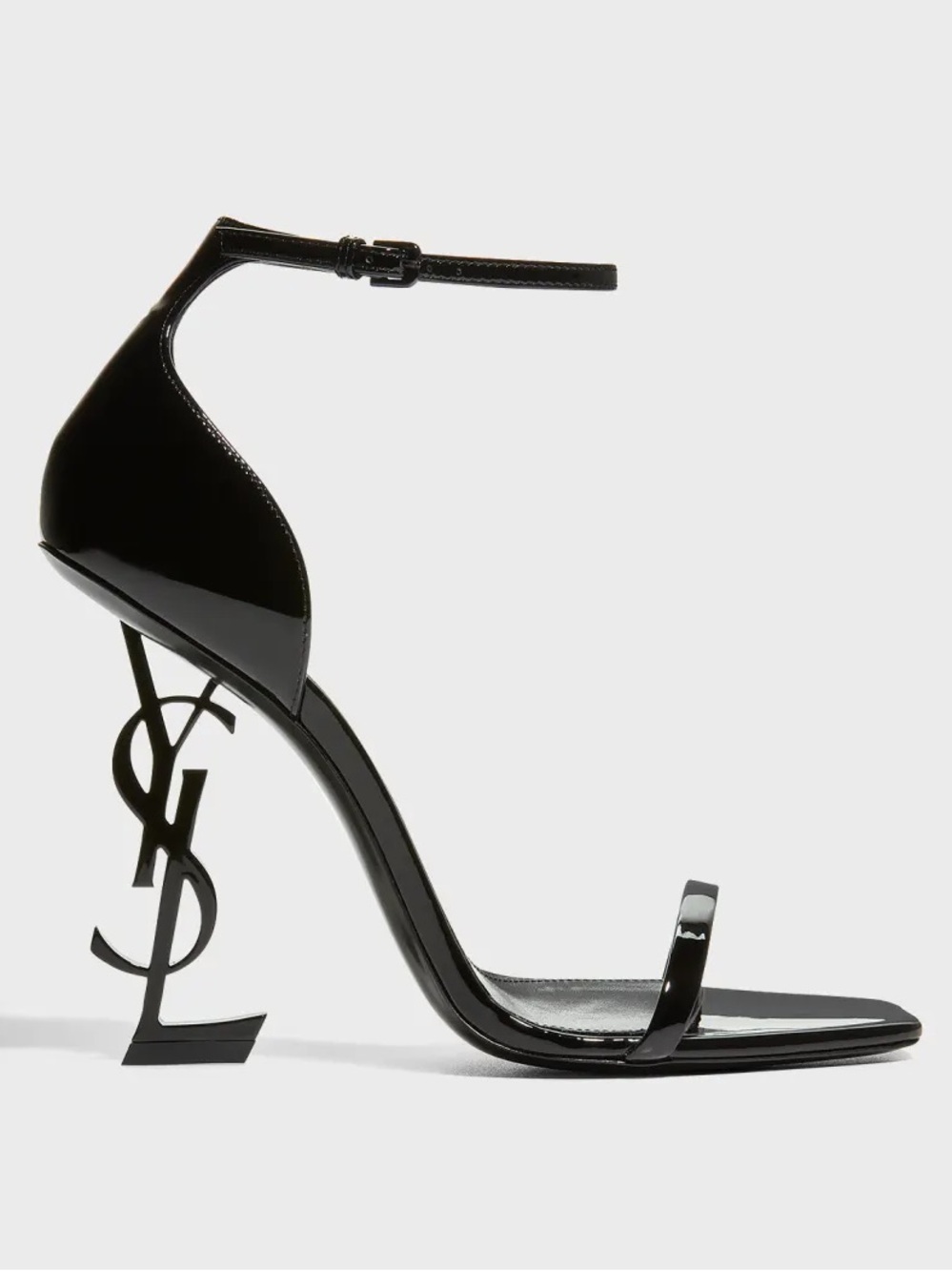 Saint Laurent Black Patent Leather Logo Ankle-Strap Sandal Opyum/Cassandra